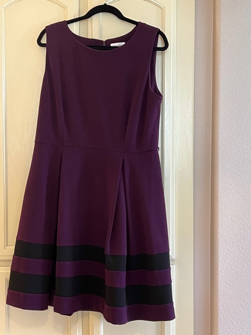 Calvin Klein sz 14 Sleeveless Purple Fit & Flare Dress with Black Stripe Detail